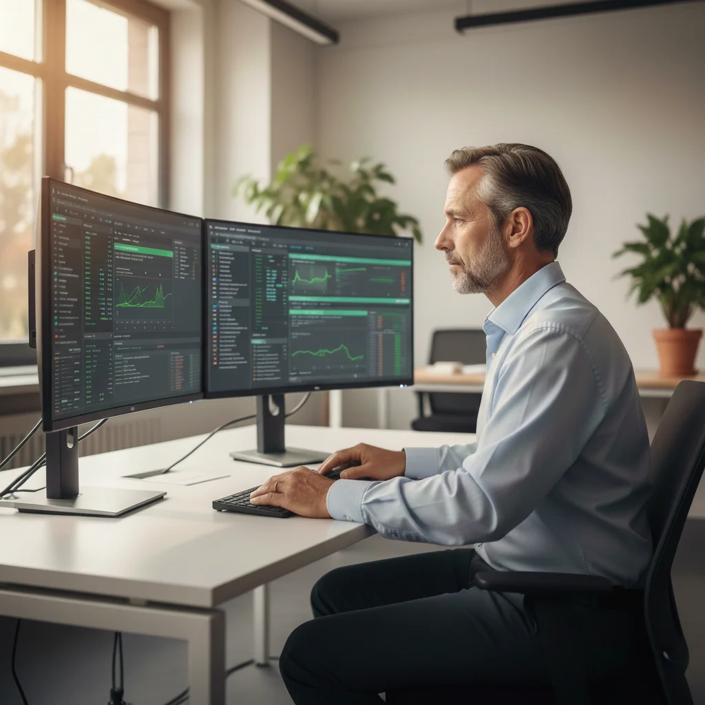 IT consultant at desk reviewing system monitoring dashboard displaying server status and workstation health metrics on large monitor